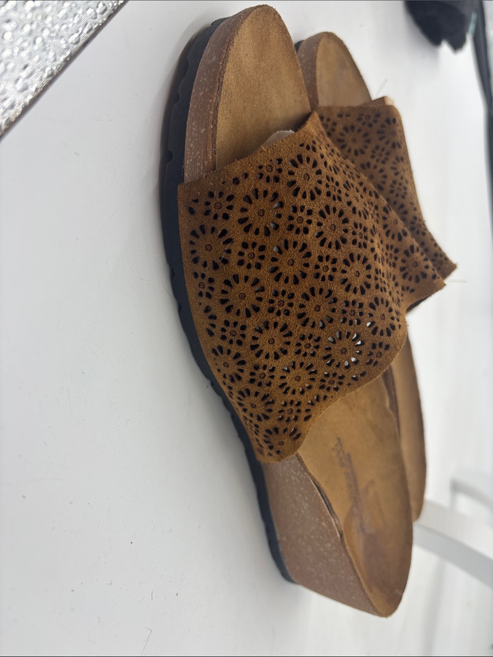 AEROSOLES Brown Laser-Cut Suede Slide Mules
